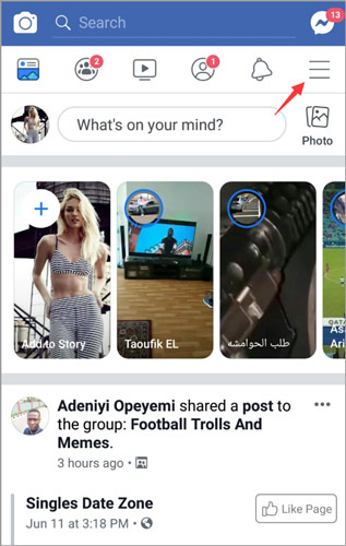 Facebook three-line menu