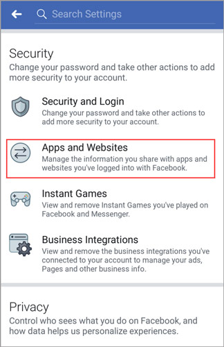 Facebook Apps and Websites setting