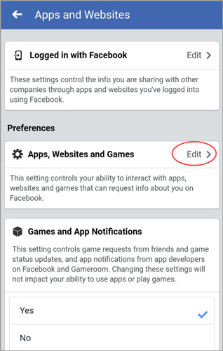 Facebook settings Apps Websites and Games