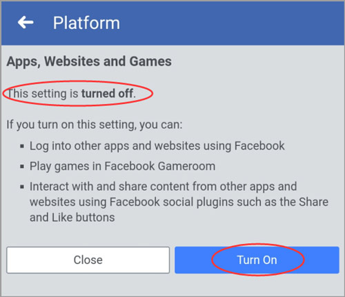 Turn On button on FB Platform screen