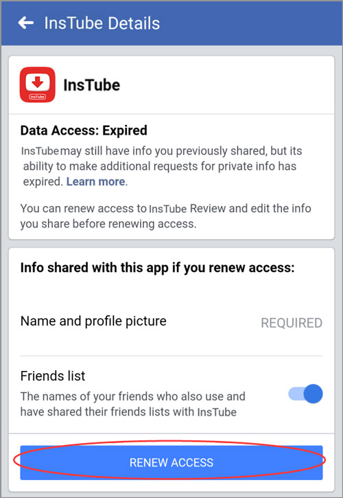 Facebook RENEW ACCESS setting