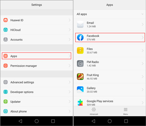 Android phone Settings App Facebook