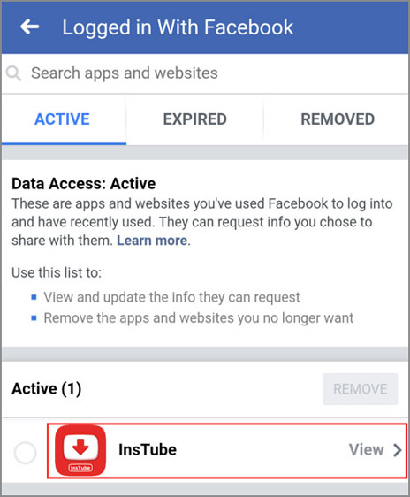 InsTube on FB ACTIVE app list