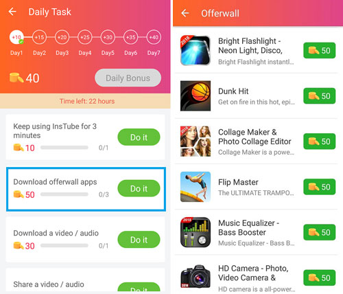 earn InsTube credits by downloading offwall apps