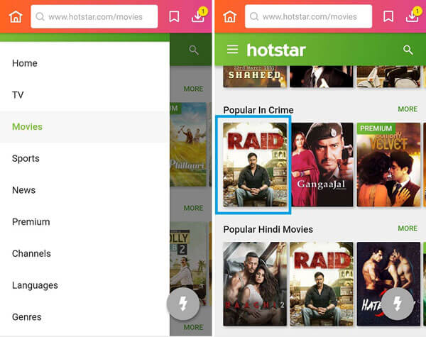 Find Hindi movie on Hotstar