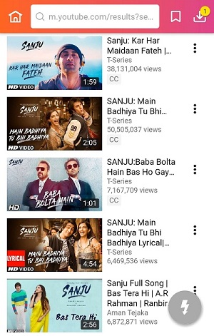 Sanju movie songs on YouTube